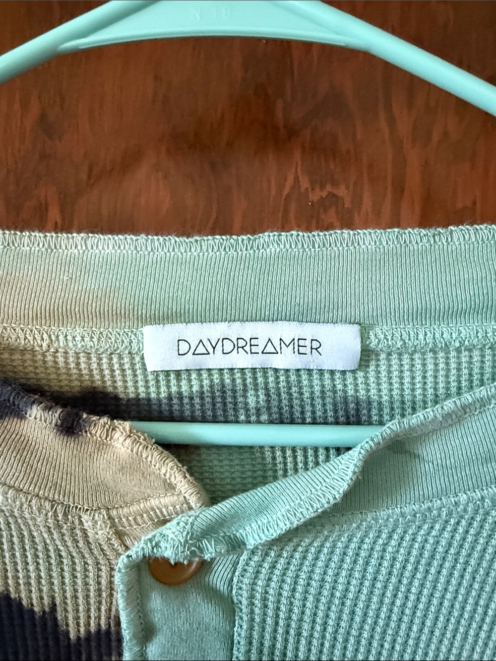 Aqua and Cream Tie-Dye Waffle Top w/buttons. - Picture 3 of 4